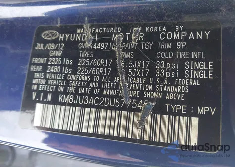 2013 Hyundai Tucson Gls from USA, damaged, VIN KM8JU3AC2DU577545
